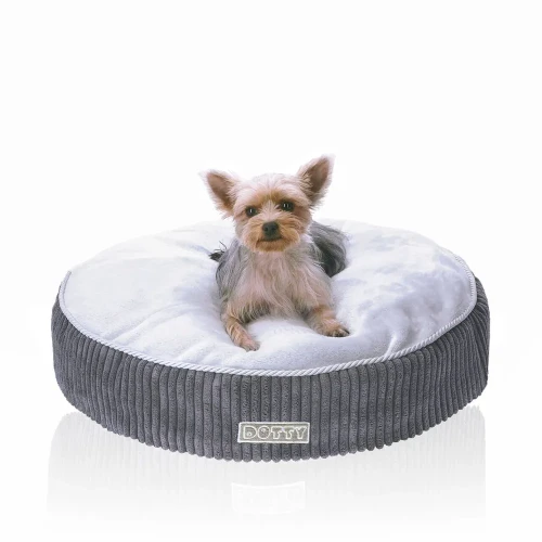 Legowisko poducha - miękka okrągła pufa - grafitowy sztruks z szarym polarem minky M.webp