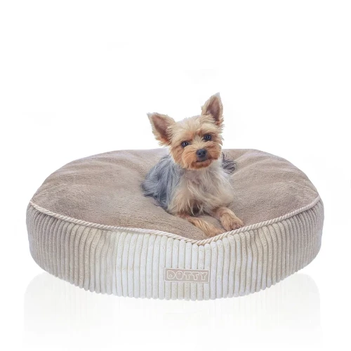 Legowisko poducha - miękka okrągła pufa - kremowy sztruks z beżowym polarem minky M.webp