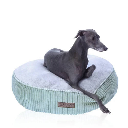 Legowisko poducha - miękka okrągła pufa - miętowy sztruks z szarym polarem minky M.webp