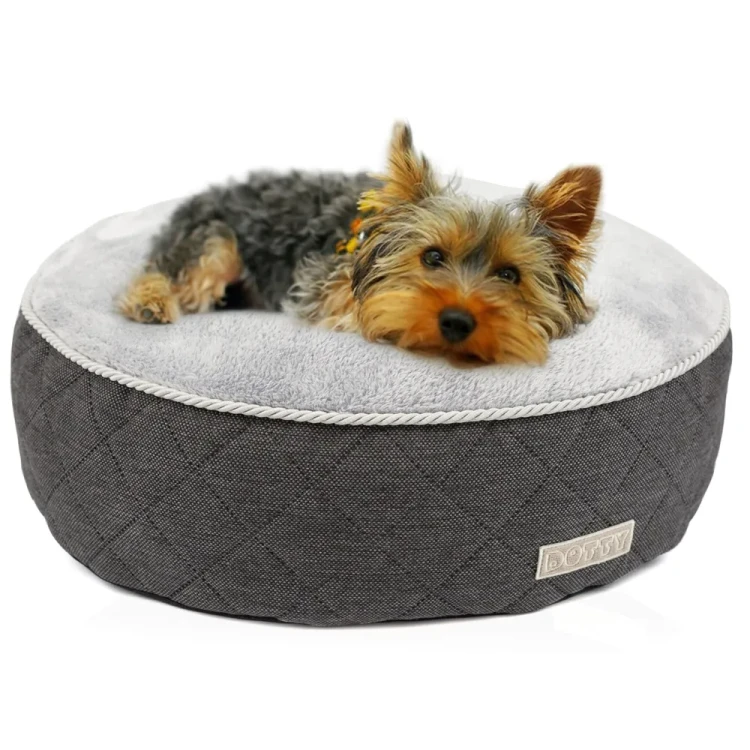 Grafitowa pufa dla psa lub kota DOTTY z szarym miękkim polarem.webp