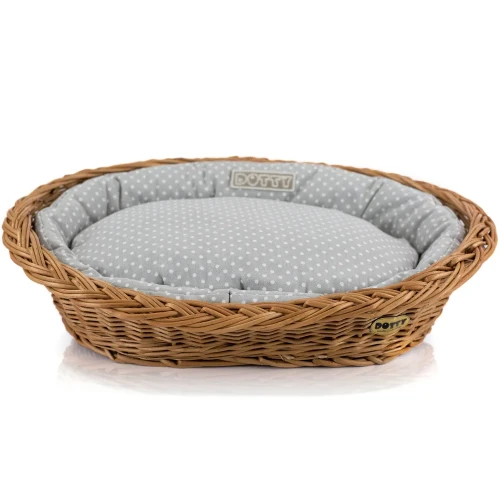 Legowisko  koszyk wiklinowy  szary w białe groszki 1.webp
