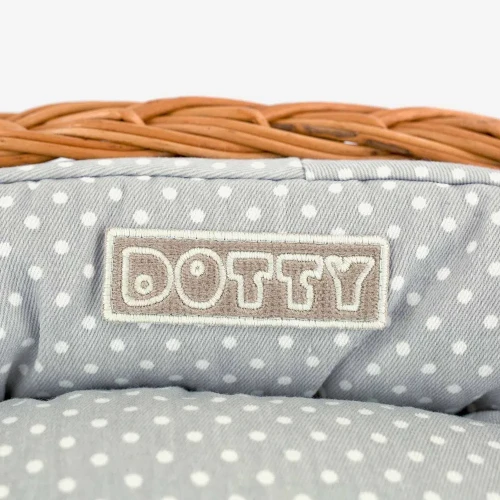 Legowisko  koszyk wiklinowy  szary w białe groszki 2.webp