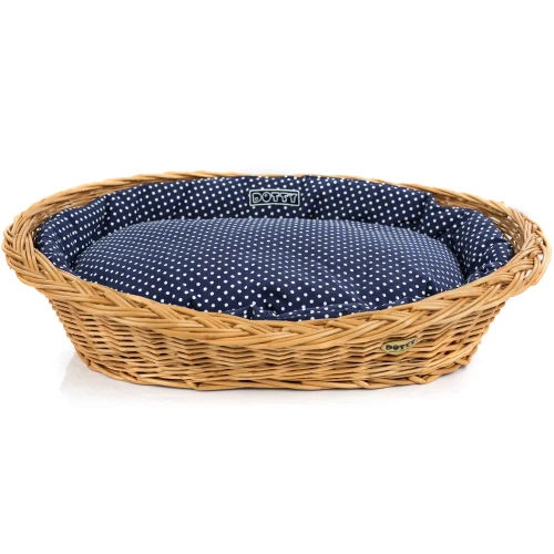 Legowisko  koszyk wiklinowy  granatowy w białe groszki1.webp