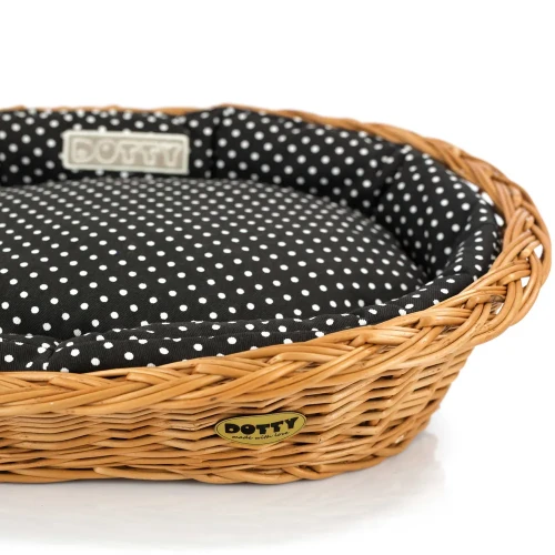Legowisko  koszyk wiklinowy  czarny w białe groszki.webp