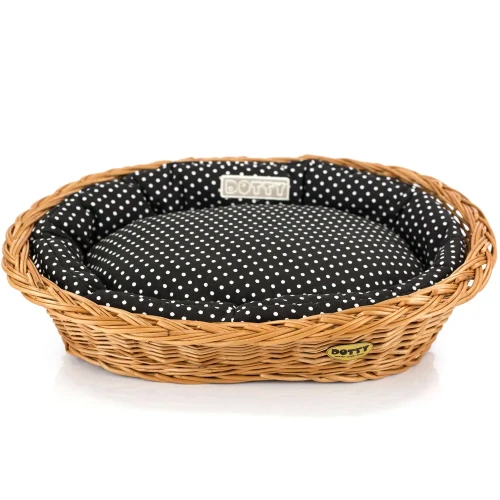 Legowisko  koszyk wiklinowy  czarny w białe groszki1.webp