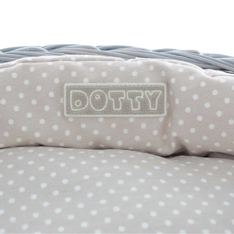 Legowisko  koszyk szary  beżowy w białe groszki 1.webp