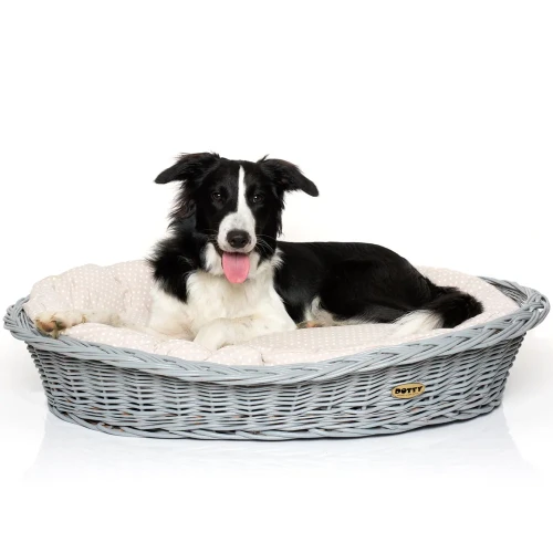 Legowisko  koszyk szary  beżowy w białe groszki 2.webp