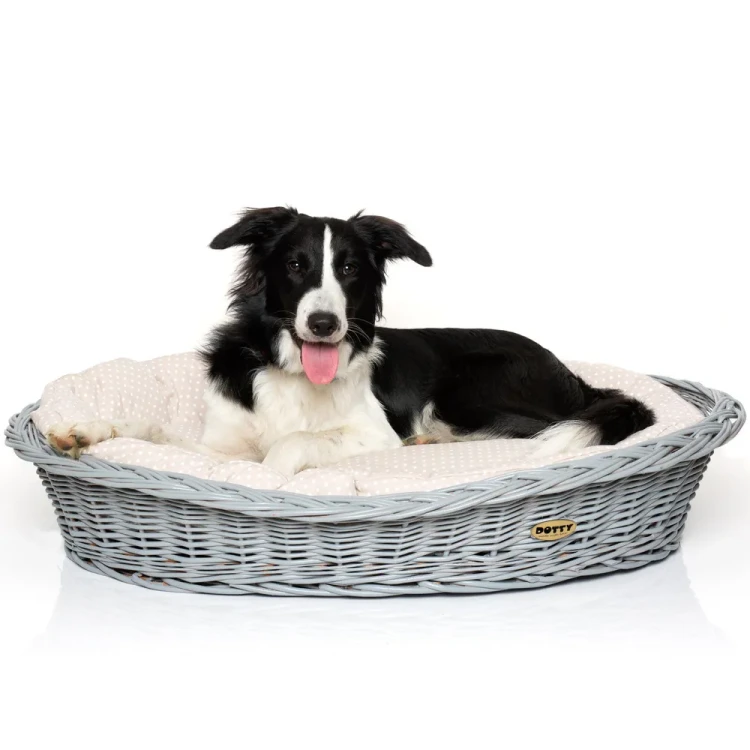 Legowisko  koszyk szary  beżowy w białe groszki 2.webp