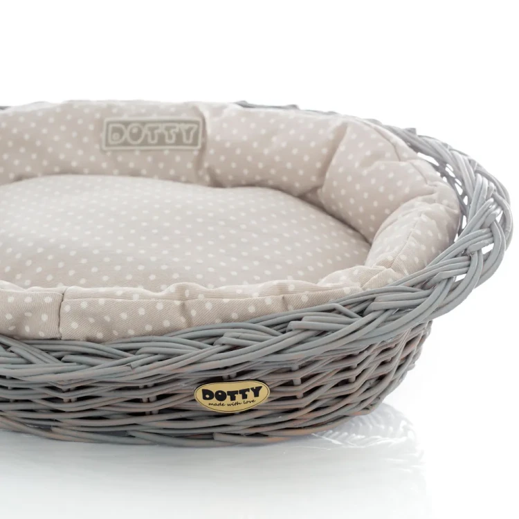 Legowisko  koszyk szary  beżowy w białe groszki.webp