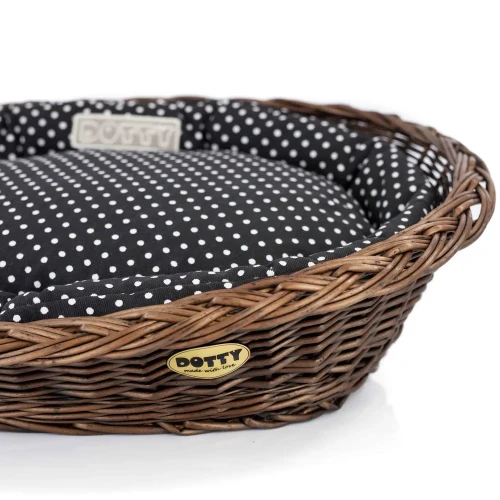 Legowisko  koszyk brązowy  czarny w białe groszki.webp