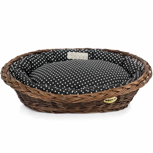 Legowisko  koszyk brązowy  czarny w białe groszki1.webp