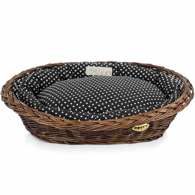 Legowisko  koszyk brązowy  czarny w białe groszki1.webp