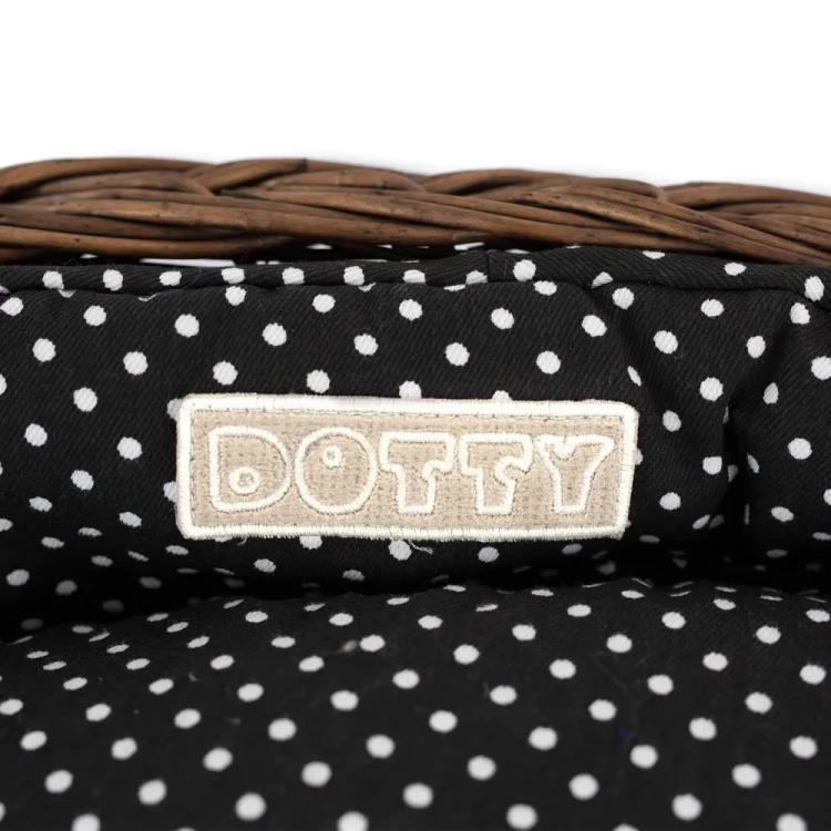 Legowisko  koszyk brązowy  czarny w białe groszki2.webp