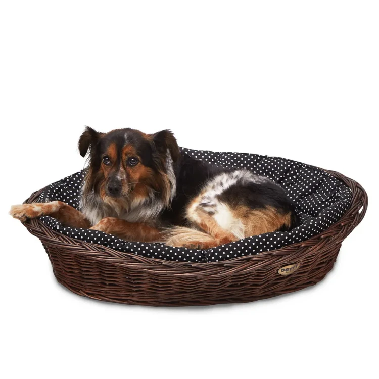 Legowisko  koszyk brązowy  czarny w białe groszki3.webp
