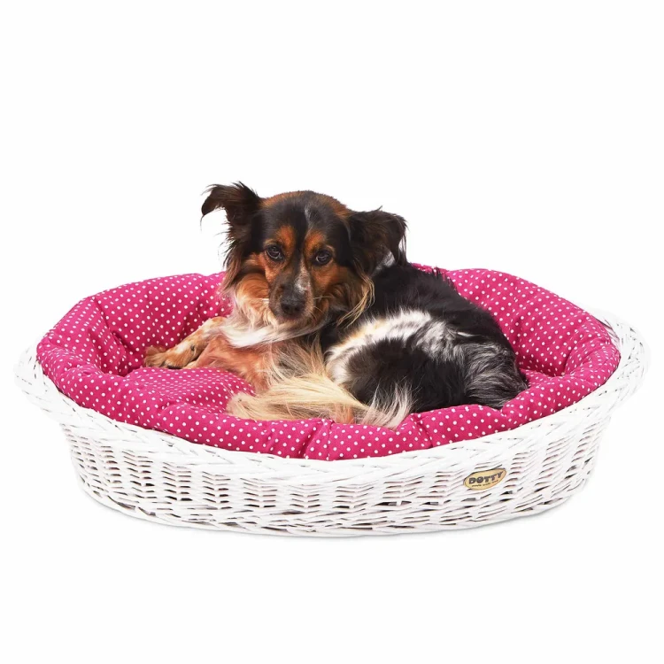 Legowisko  koszyk bielony  różowy w białe groszki 3.webp
