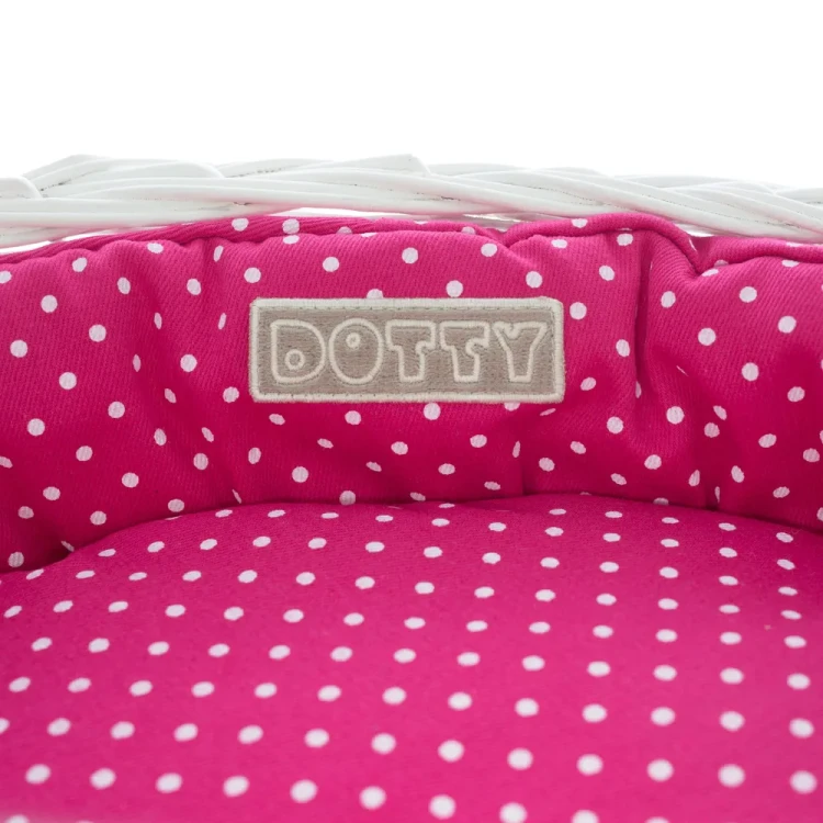 Legowisko  koszyk bielony  różowy w białe groszki 1 — kopia.webp