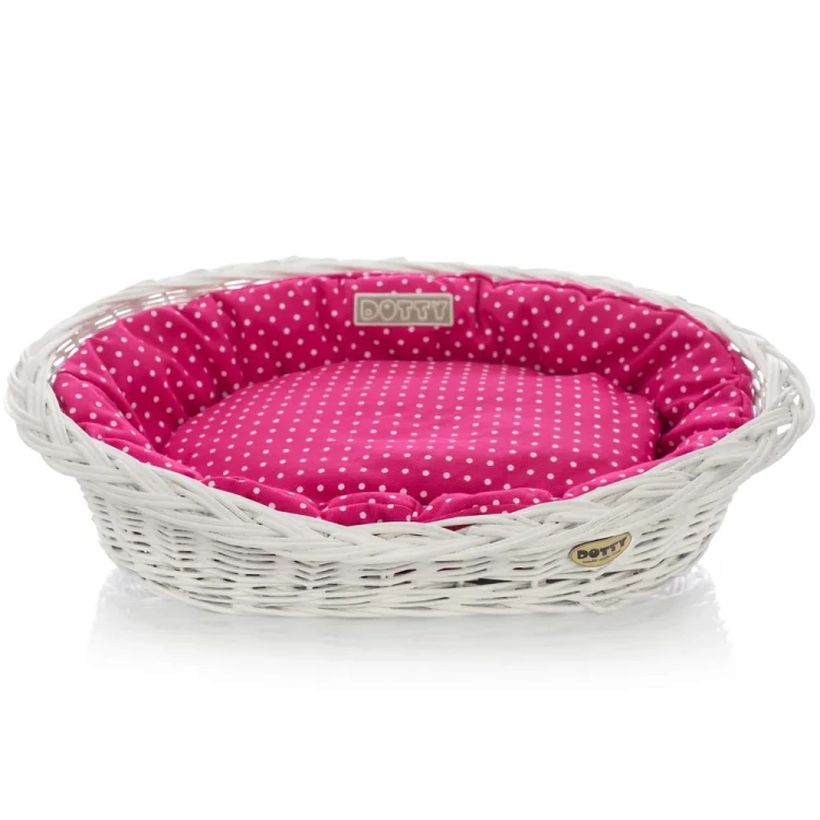 Legowisko  koszyk bielony  różowy w białe groszki 2 — kopia.webp