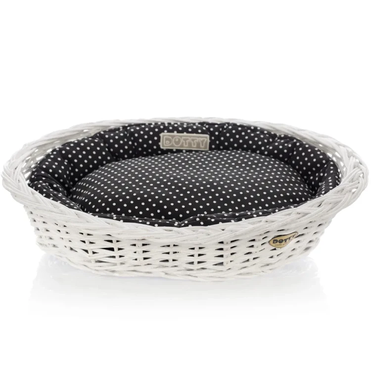 Legowisko  koszyk bielony  czarny w białe groszki1.webp