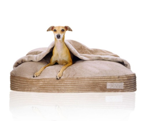 Legowisko norka premium - posłanie z kocykiem - wzór sztruks cappuccino z beżowym polarkiem minky