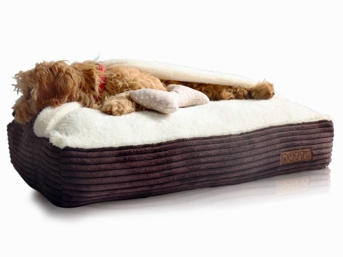 Legowisko norka premium - posłanie z kocykiem - wzór czekoladowy sztruks z kremowym barankiem