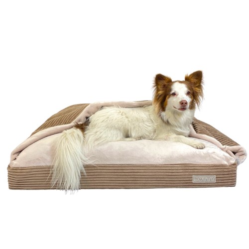 Legowisko norka premium - posłanie z kocykiem - wzór sztruks cappuccino z beżowym polarkiem minky
