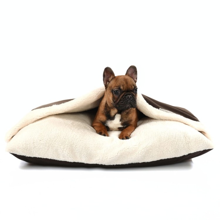 Legowisko norka poducha - posłanie z kocykiem - wzór welur brąz o z kremowym polarkiem minky