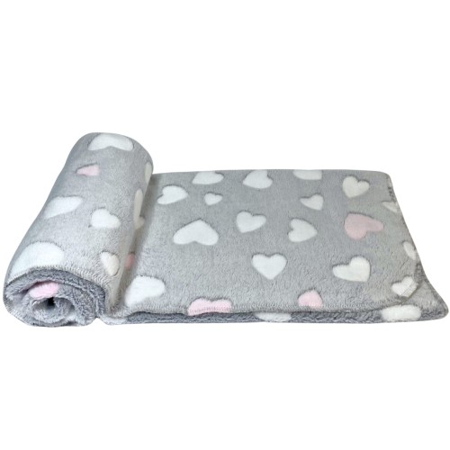 Miękki polarowy kocyk dla psa lub kota - DOTTY - szary - wzór w różowe serduszka