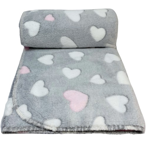 Miękki polarowy kocyk dla psa lub kota - DOTTY - szary - wzór w różowe serduszka