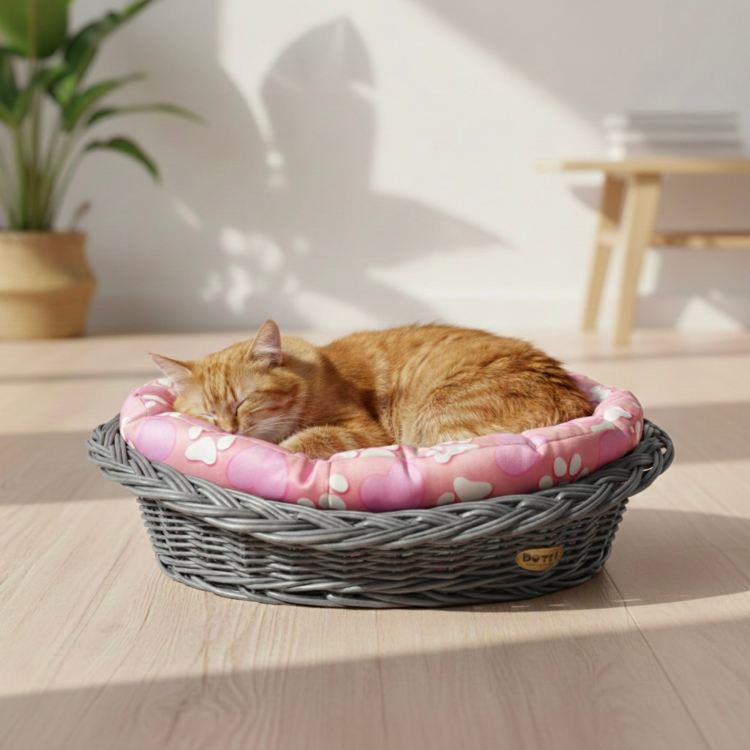 Różowe legowisko ze wzorem serduszek i łapek w koszu z wikliny