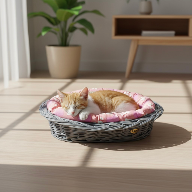 Różowe legowisko ze wzorem serduszek i łapek w koszu z wikliny