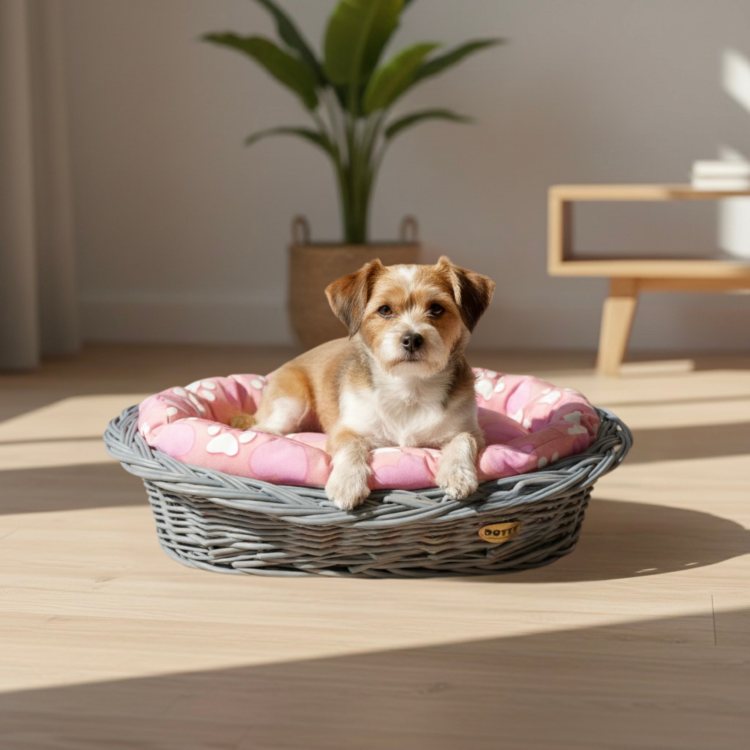Różowe legowisko ze wzorem serduszek i łapek w koszu z wikliny