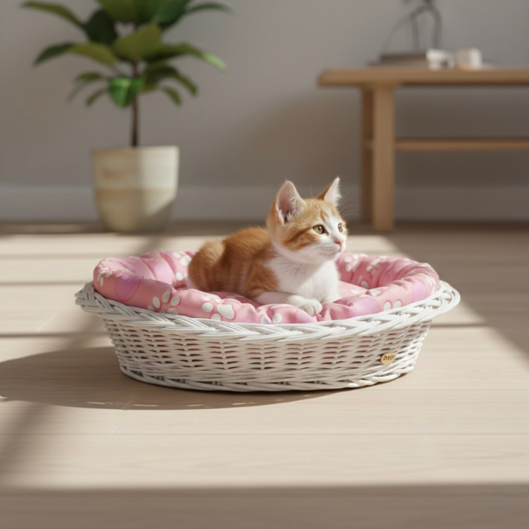 Różowe legowisko ze wzorem serduszek i łapek w koszu z wikliny