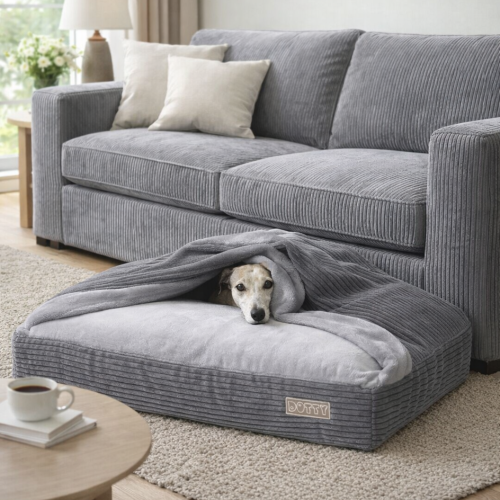 Legowisko norka premium - posłanie z kocykiem - grafitowy sztruks z szarym polarkiem minky